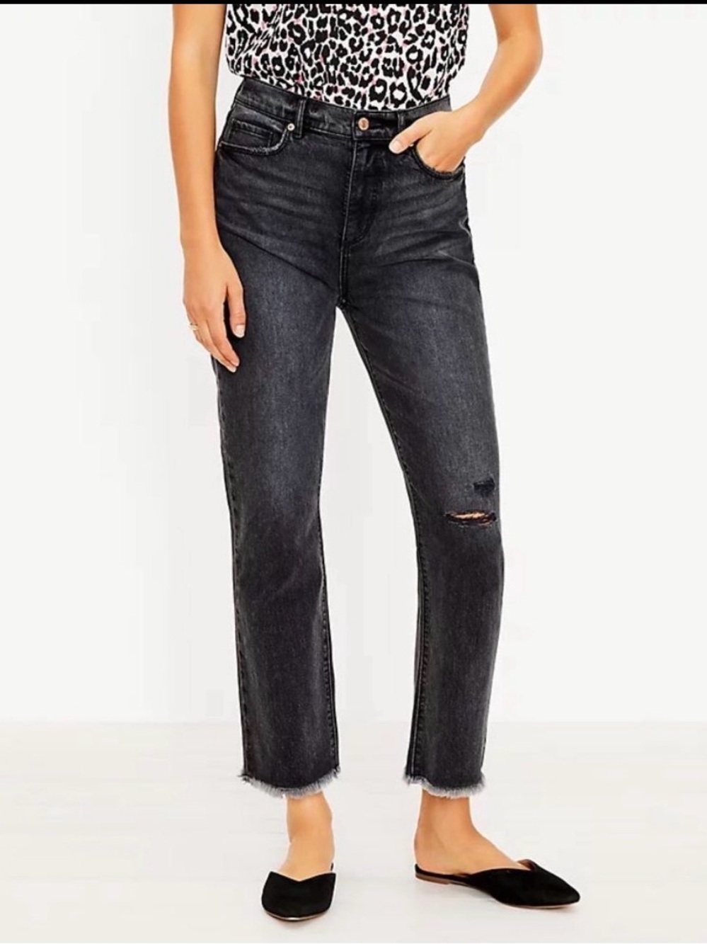 Loft Destructed High Rise Straight Crop Jeans in Washed Black Wash